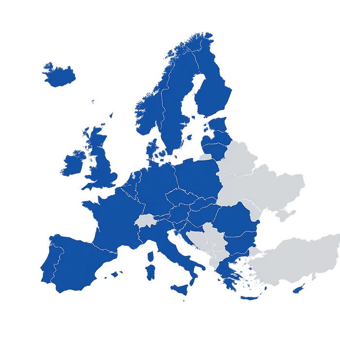 Carte de l'Europe, les pays participant au programme Erasmus+ en bleu.