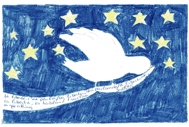 Dessin d'élève : une colombe blanche sur fond bleu, entourée des douze étoiles européennes.